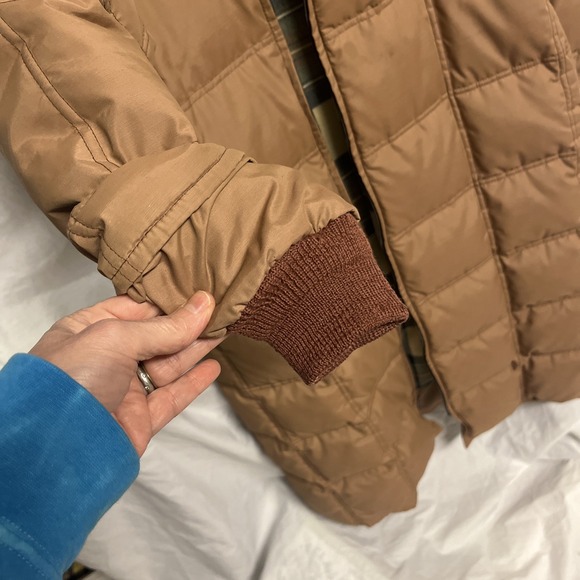 Vtg 90s Eddie Bauer Tan Coat Womens Small Premium Goose Down Green Plaid Lined - Picture 7 of 13
